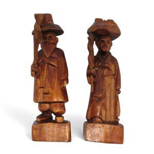 Vintage Hand-Carved Wooden ASIAN Couple FIGURINES With Traditional Attire 6 Inch